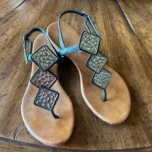 Pesaro black leather and silver plated thong sandals size 7